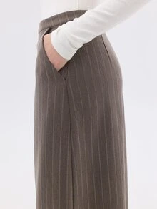 KÆRIA Hus Asym Wrap-Front Midi Skirt - Compact Tailoring - Taupe Pinstripe - Workwear, Front Split, Stripe - Brown - View 6