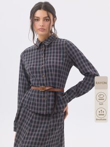 KÆRIA Hus Tailored Waist Check Shirt - Refined Stretch Woven - Navy Brown Check - Polished - Blue - View 10