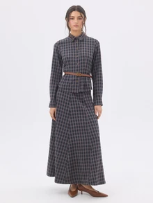 KÆRIA Hus Tailored Waist Check Shirt - Refined Stretch Woven - Navy Brown Check - Polished - Blue - View 6