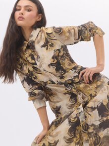 KÆRIA Hus Button Front Tiered Midi Dress - Refined Slub Woven - Antique Botanical Print - Romantic, Statement - Multicolor - View 6