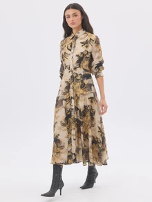 KÆRIA Hus Button Front Tiered Midi Dress - Refined Slub Woven - Antique Botanical Print - Romantic, Statement - Multicolor - View 4