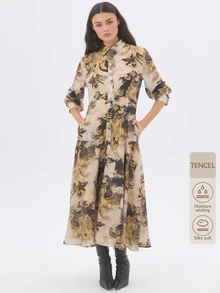 KÆRIA Hus Button Front Tiered Midi Dress - Refined Slub Woven - Antique Botanical Print - Romantic, Statement - Multicolor - View 10