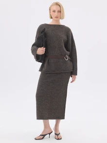KÆRIA Hus Mid-Waist Knit Midi Pencil Skirt -Brushed Knit - Chocolate Brown Marle - Workwear, Matching Set - Brown - View 6
