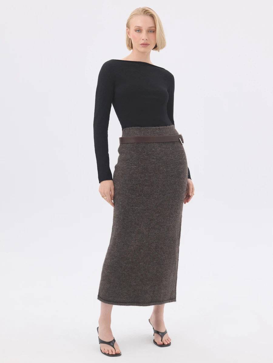 KÆRIA Hus Mid-Waist Knit Midi Pencil Skirt -Brushed Knit - Chocolate Brown Marle - Workwear, Matching Set