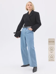 KÆRIA Hus Cropped High-Rise Wide-Leg Jeans - Cotton Denim - 90's Blue Wash - Vintage, Wide-Leg Denim, Minimal - Light Wash - View 10
