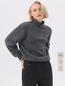 KÆRIA Hus Áo len cổ giả thoải mái - Len Alpaca pha dệt kim - Màu xám than - Cao cấp, phối lớp, tối giản - Màu xám đen - Xem 8