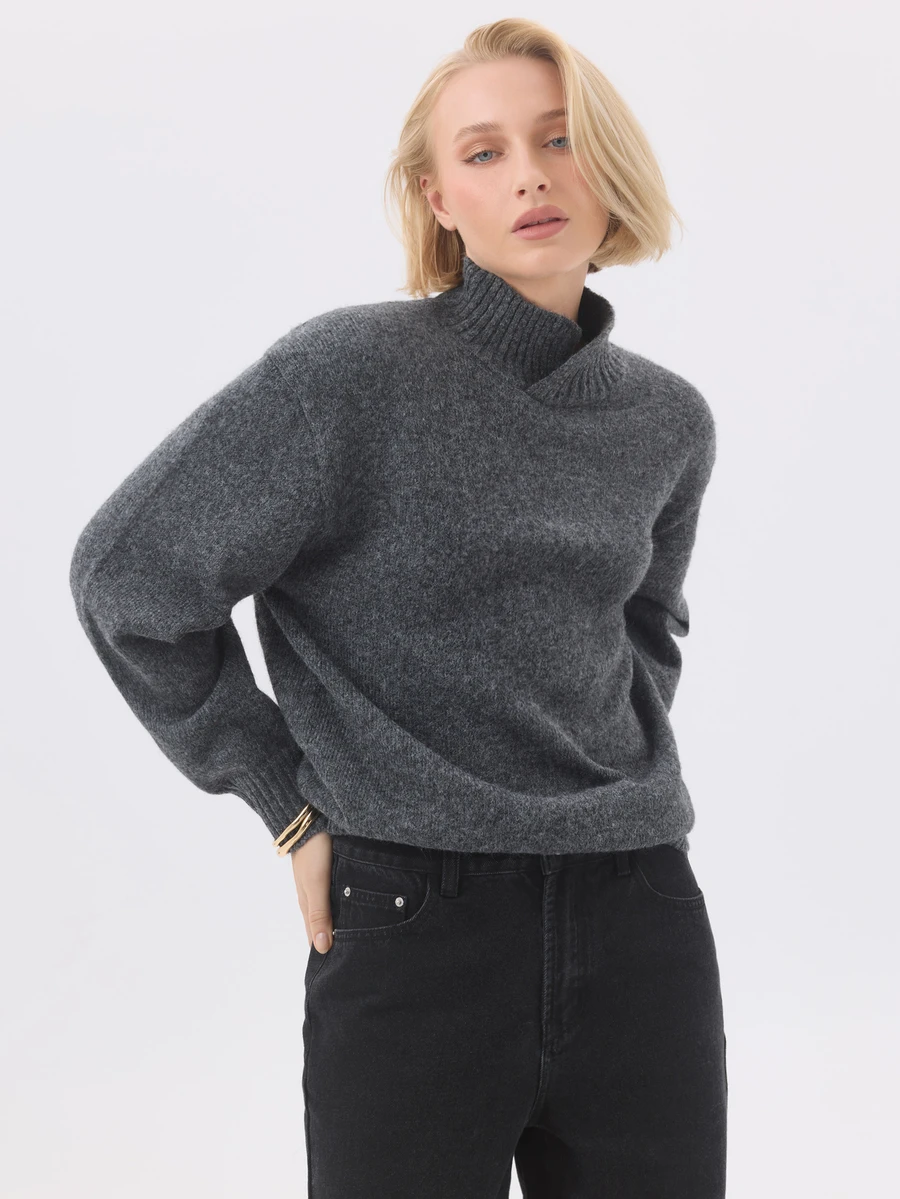 KÆRIA Hus Áo len cổ giả thoải mái - Len Alpaca pha dệt kim - Màu xám than - Cao cấp, phối lớp, tối giản - Màu xám đen - Xem 1
