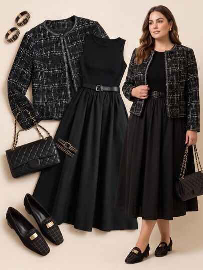 Grovea Plus Size Women's Elegant Commuter Party Office Round Neck Sleeveless Dress And Plaid Jacket 2 Pieces Set Fall Black