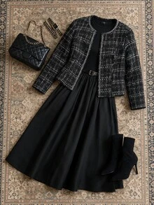 Franclia Plus Size Women's Elegant Commuter Party Office Round Neck Sleeveless Dress And Plaid Jacket 2 Pieces Set Fall Black - Black - View 7
