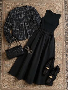 Franclia Plus Size Women's Elegant Commuter Party Office Round Neck Sleeveless Dress And Plaid Jacket 2 Pieces Set Fall Black - Black - View 3