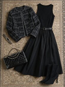 Franclia Plus Size Women's Elegant Commuter Party Office Round Neck Sleeveless Dress And Plaid Jacket 2 Pieces Set Fall Black - Black - View 5