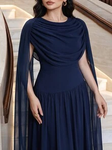 Modelyn 大码优雅派对纯色褶皱连衣裙 - 藍色 - 查看 4