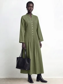 Aalyst Women's Minimalist Button Pleated Long Sleeve Dress - Green - View 4