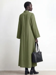 Aalyst Women's Minimalist Button Pleated Long Sleeve Dress - Green - View 2