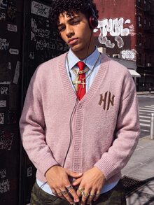 NEOSTRIT Men's Letter Print Casual Daily Cardigan - Mauve Purple - View 1