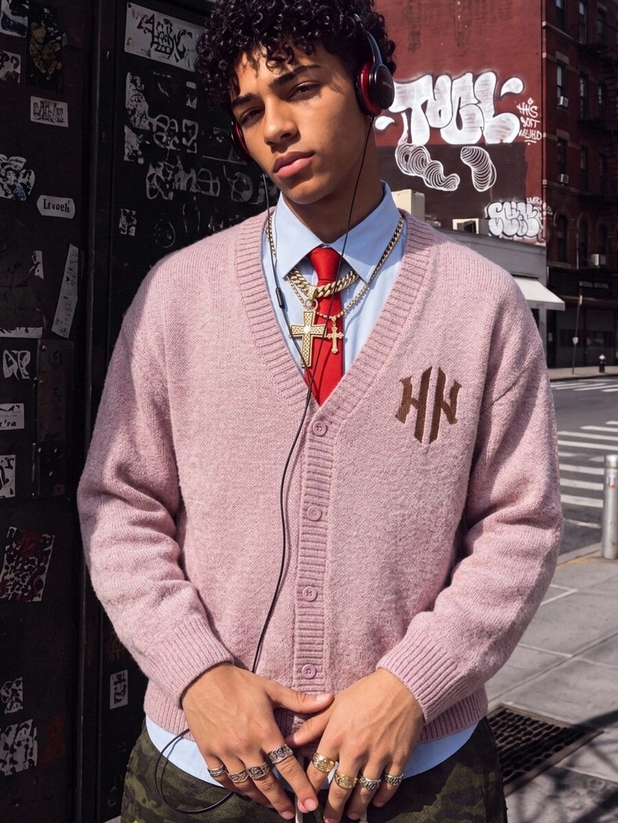 NEOSTRIT Men's Letter Print Casual Daily Cardigan - Mauve Purple - View 1