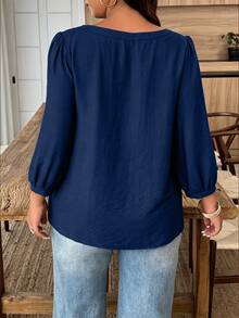 Weeklong Women's Plus Size Spring/Summer Casual Vacation Square Neck Button Mid-Sleeve Solid Color Shirt, Suitable For Daily Wear And Vacation Fall - Navy Blue - View 2