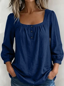 Weeklong Women's Plus Size Spring/Summer Casual Vacation Square Neck Button Mid-Sleeve Solid Color Shirt, Suitable For Daily Wear And Vacation Fall - Navy Blue - View 3