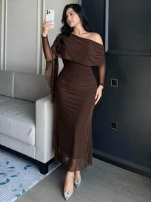 Feyla 大尺碼優雅性感曲線時尚不對稱單肩披肩抓皺洋裝，棕色秋季婚禮晚宴正式雞尾酒禮服 - 咖啡棕 - 查看 5