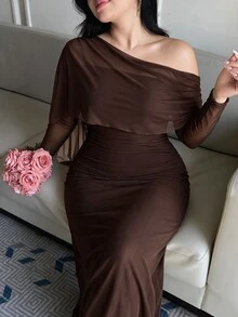 Feyla 大尺碼優雅性感曲線時尚不對稱單肩披肩抓皺洋裝，棕色秋季婚禮晚宴正式雞尾酒禮服 - 咖啡棕 - 查看 6