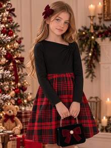 SHEIN 青少年女孩兒童秋冬休閒優雅紅色格紋長袖圓領拼接洋裝 - 紅色 - 查看 1