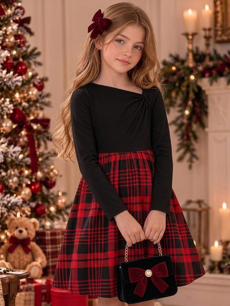 SHEIN 青少年女孩兒童秋冬休閒優雅紅色格紋長袖圓領拼接洋裝 - 紅色 - 查看 1