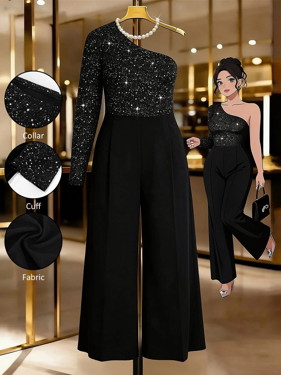 Auvina Versatile Premium Black Foil Knit Fabric Plus Size Women's Jumpsuit Fall New Year Cocktail Party Sexy Elegant - Black - View 1