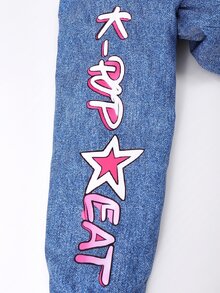 SHEIN Sparklyn 女童休閒梭織收腰連帽抓絨內裡中長款風衣外套，秋季穿搭，冬季大童女裝 - 藍色 - 查看 3
