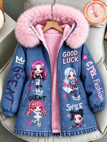SHEIN Sparklyn 女童休閒梭織收腰連帽抓絨內裡中長款風衣外套，秋季穿搭，冬季大童女裝 - 藍色 - 查看 1