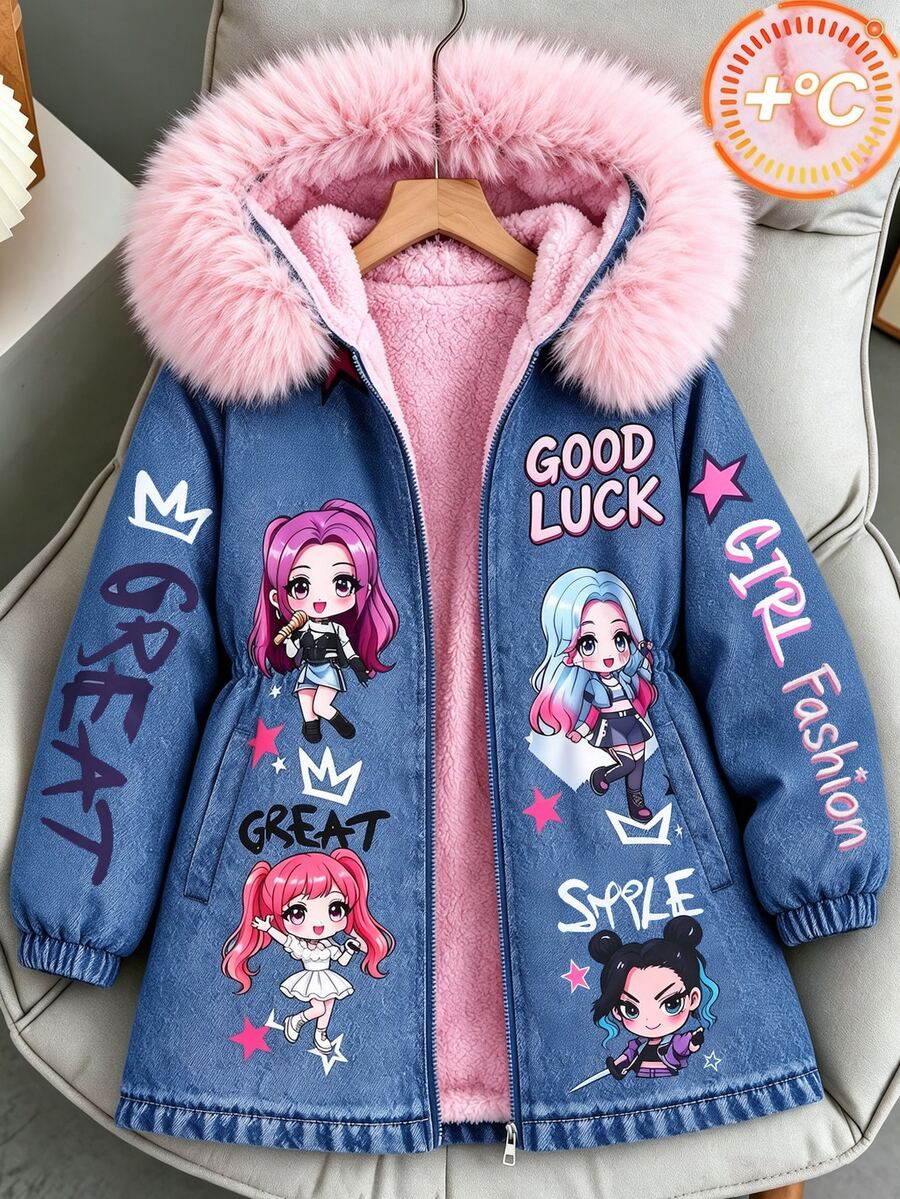 SHEIN Sparklyn 女童休閒梭織收腰連帽抓絨內裡中長款風衣外套，秋季穿搭，冬季大童女裝 - 藍色 - 查看 1