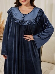 Al Najma Minimalist Casual Solid Color Velvet Ruffle Trim Round Neck Long Sleeve Loose Regular Fit Spring Autumn Plus Size Women's Arabian Dress - Dusty Blue - View 6
