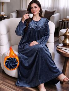 Al Najma Minimalist Casual Solid Color Velvet Ruffle Trim Round Neck Long Sleeve Loose Regular Fit Spring Autumn Plus Size Women's Arabian Dress - Dusty Blue - View 1
