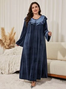 Al Najma Minimalist Casual Solid Color Velvet Ruffle Trim Round Neck Long Sleeve Loose Regular Fit Spring Autumn Plus Size Women's Arabian Dress - Dusty Blue - View 5