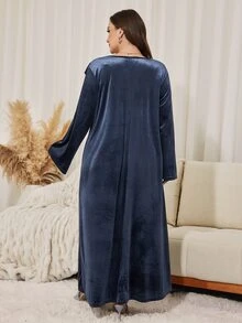 Al Najma Minimalist Casual Solid Color Velvet Ruffle Trim Round Neck Long Sleeve Loose Regular Fit Spring Autumn Plus Size Women's Arabian Dress - Dusty Blue - View 2