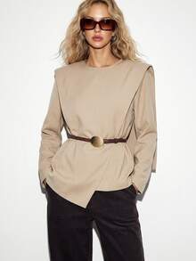 ATUI Studio Women's Long Sleeve Round Neck Loose Straight Casual Everyday Top - Khaki - View 1