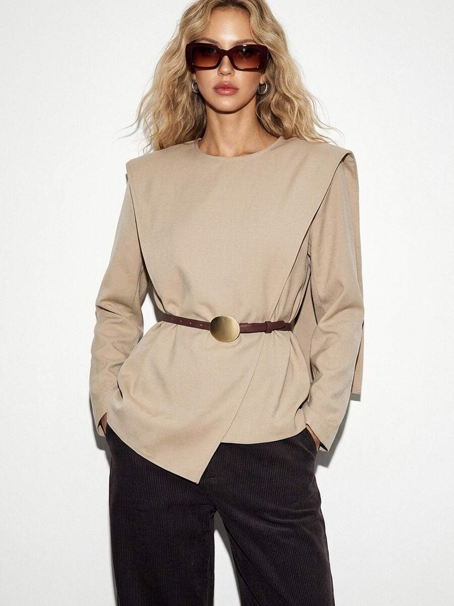 ATUI Studio Women's Long Sleeve Round Neck Loose Straight Casual Everyday Top - Khaki - View 1