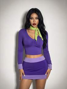Sweetina 3pcs Women's Halloween Costume Cosplay Party Purple Cartoon Colorblock Ruched Bust Crop Tee & Bodycon Skirt & Scarf - Purple - View 12