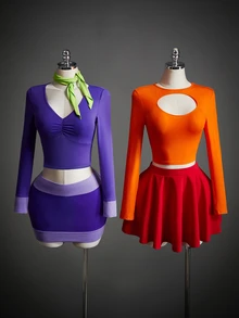 Sweetina 3pcs Women's Halloween Costume Cosplay Party Purple Cartoon Colorblock Ruched Bust Crop Tee & Bodycon Skirt & Scarf - Purple - View 6