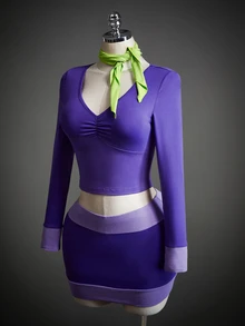 Sweetina 3pcs Women's Halloween Costume Cosplay Party Purple Cartoon Colorblock Ruched Bust Crop Tee & Bodycon Skirt & Scarf - Purple - View 8