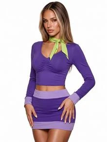 Sweetina 3pcs Women's Halloween Costume Cosplay Party Purple Cartoon Colorblock Ruched Bust Crop Tee & Bodycon Skirt & Scarf - Purple - View 13