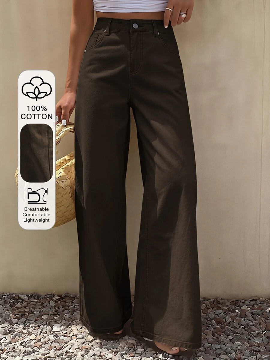 DAZY Jeans rectos holgados y casuales para mujer, nueva llegada de verano - Café integral - Ver 1