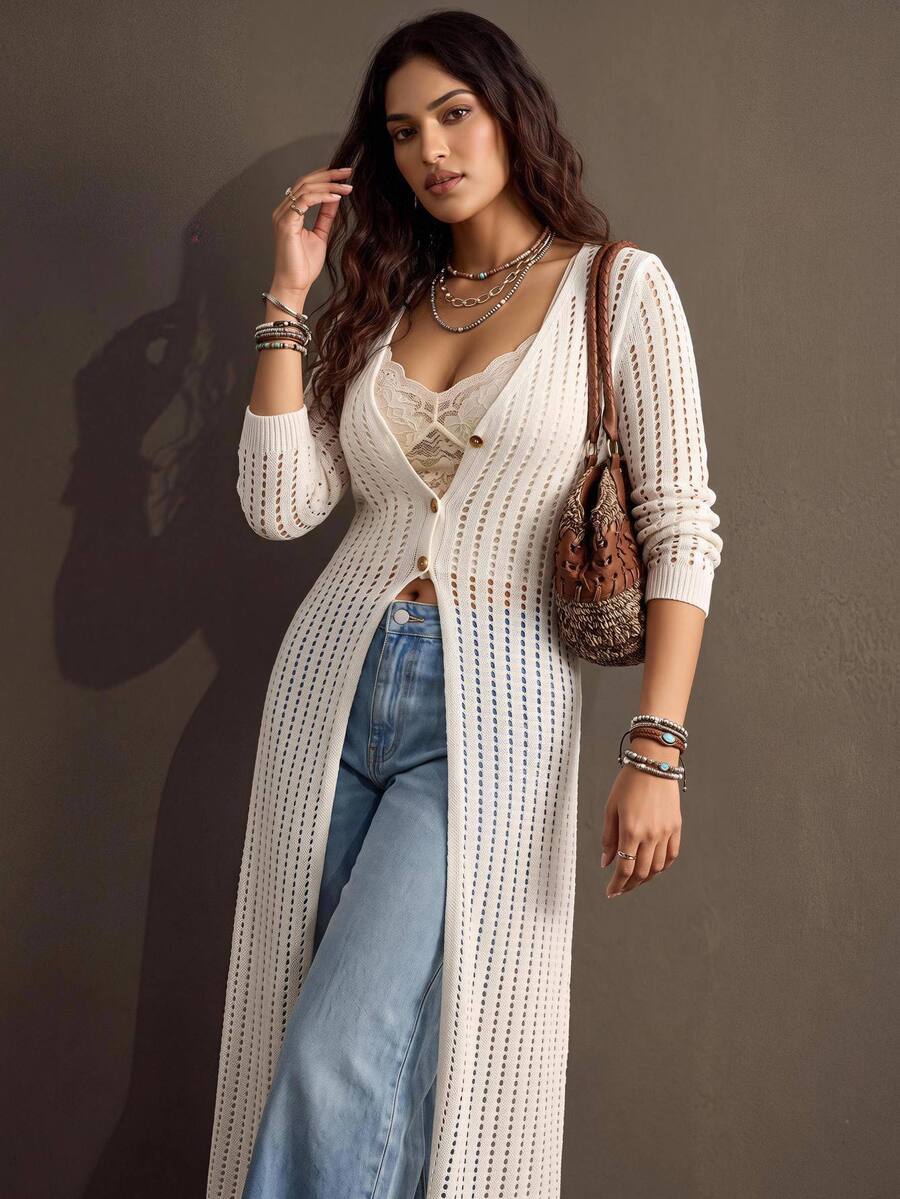 Nubod Plus Size Loose Casual Bohemian Boho Vacation Hollow Out Button Knit Cardigan Fall Formal All White Beach - White - View 1