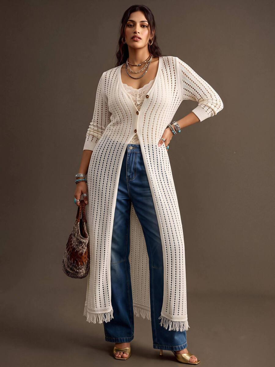Nubod Plus Size Loose Casual Bohemian Boho Vacation Hollow Out Button Knit Cardigan Fall Formal All White Beach - White - View 1