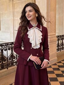 Vintamour Elegant Women's 2 Pieces Fall/ Suit Set, Contrast Trim Ruffle Collar, Pleated Long Skirt, Commute, Vacation, Holiday Outfit Brunch Burgundy Ruffle Set - Burgundy - View 2