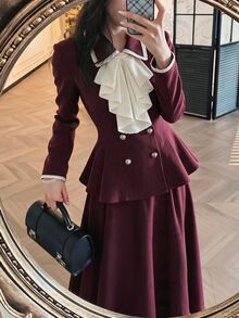 Vintamour Elegant Women's 2 Pieces Fall/ Suit Set, Contrast Trim Ruffle Collar, Pleated Long Skirt, Commute, Vacation, Holiday Outfit Brunch Burgundy Ruffle Set - Burgundy - View 1
