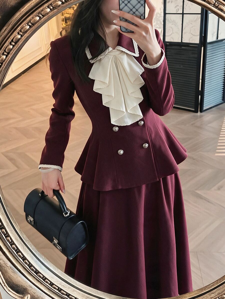 Vintamour Elegant Women's 2 Pieces Fall/ Suit Set, Contrast Trim Ruffle Collar, Pleated Long Skirt, Commute, Vacation, Holiday Outfit Brunch Burgundy Ruffle Set - Burgundy - View 1