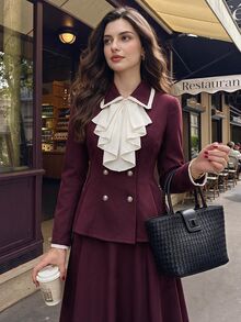 Vintamour Elegant Women's 2 Pieces Fall/ Suit Set, Contrast Trim Ruffle Collar, Pleated Long Skirt, Commute, Vacation, Holiday Outfit Brunch Burgundy Ruffle Set - Burgundy - View 3
