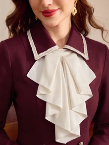 Vintamour Elegant Women's 2 Pieces Fall/ Suit Set, Contrast Trim Ruffle Collar, Pleated Long Skirt, Commute, Vacation, Holiday Outfit Brunch Burgundy Ruffle Set - Burgundy - View 6