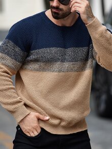 Marcello Vane 男士撞色圆领长袖休闲宽松针织毛衣，秋冬 - 彩色 - 查看 3