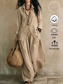 LUMIGAL Women's Khaki Loose Collar Shirt And Wide Leg Pants 2 Pieces Set - Khaki - View 3